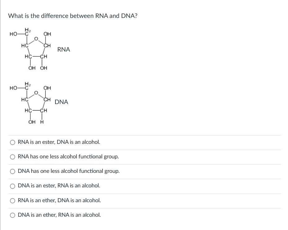 What is the difference between RNA and DNA?
H2
HO-Ç
он
CH
RNA
HC-CH
Он ОН
HO-Ç
OH
HC
CH DNA
HC-CH
ÓH H
RNA is an ester, DNA is an alcohol.
RNA has one less alcohol functional group.
O DNA has one less alcohol functional group.
DNA is an ester, RNA is an alcohol.
RNA is an ether, DNA is an alcohol.
O DNA is an ether, RNA is an alcohol.
