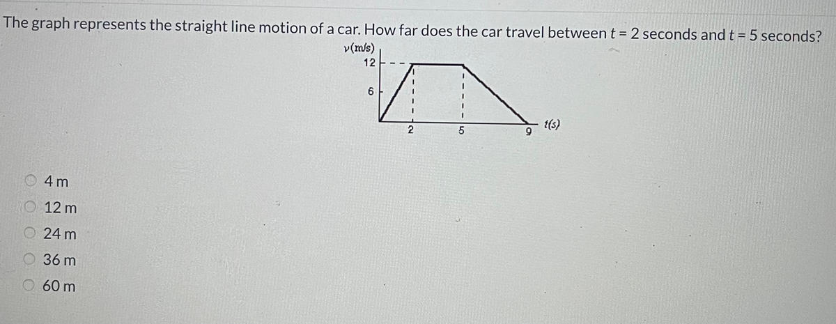 The graph represents the straight line motion of a car. How far does the car travel between t = 2 seconds and t = 5 seconds?
%3D
v(m/s)
12
6.
1(s)
O 4 m
O 12 m
O 24 m
36 m
O.60 m
LO
