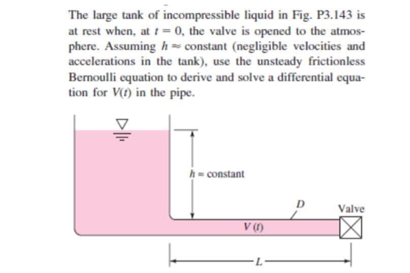 The large tank of incompressible liquid in Fig. P3.143 is
at rest when, at t = 0, the valve is opened to the atmos-
phere. Assuming h= constant (negligible velocities and
accelerations in the tank), use the unsteady frictionless
Bernoulli equation to derive and solve a differential equa-
tion for V(t) in the pipe.
h= constant
D
Valve
V (1)
