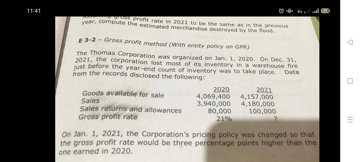 11:41
.l 89
A 9 gross profit rate in 2021 to be the same as in the previous
year, compute the estimated merchandise destroyed by the flood.
E 3-2 - Gross profit method (With entity policy on GPR)
The Thomas Corporation was organized on Jan. 1, 2020. On Dec. 31,
2021, the corporation lost most of its inventory in a warehouse fire
just before the year-end count of inventory was to take place.
from the records disclosed the following:
Data
2020
4,069,400
3,940,000
80,000
21%
2021
4,157,000
4,180,000
100,000
Goods available for sale
Sales
Sales returns and allowances
Gross profit rate
On Jan. 1, 2021, the Corporation's pricing policy was changed so that
the gross profit rate would be three percentage points higher than the
one earned in 2020.
