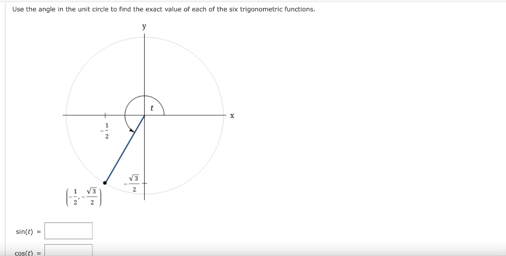 Use the angle in the unit circle to find the exact value of each of the six trigonometric functions.
y
V3
V3
sin(t) =
cos(t) =
