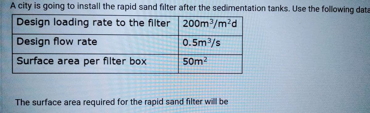 A city is going to install the rapid sand filter after the sedimentation tanks. Use the following data
Design loading rate to the filter
200m³/m²d
Design flow rate
0.5m³/s
Surface area per filter box
50m²
The surface area required for the rapid sand filter will be
