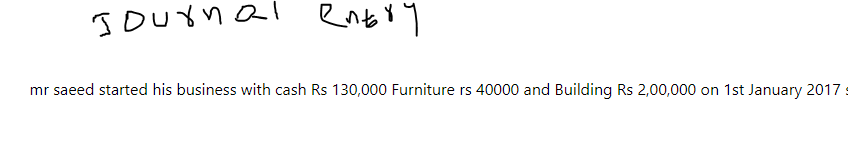 Journal
C_011
mr saeed started his business with cash Rs 130,000 Furniture rs 40000 and Building Rs 2,00,000 on 1st January 2017