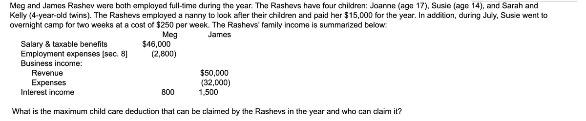 Meg and James Rashev were both employed full-time during the year. The Rashevs have four children: Joanne (age 17), Susie (age 14), and Sarah and
Kelly (4-year-old twins). The Rashevs employed a nanny to look after their children and paid her $15,000 for the year. In addition, during July, Susie went to
overnight camp for two weeks at a cost of $250 per week. The Rashevs' family income is summarized below:
Meg
James
Salary & taxable benefits
Employment expenses [sec. 8]
Business income:
Revenue
Expenses
Interest income
$46,000
(2,800)
800
$50,000
(32,000)
1,500
What is the maximum child care deduction that can be claimed by the Rashevs the year and who can claim it?