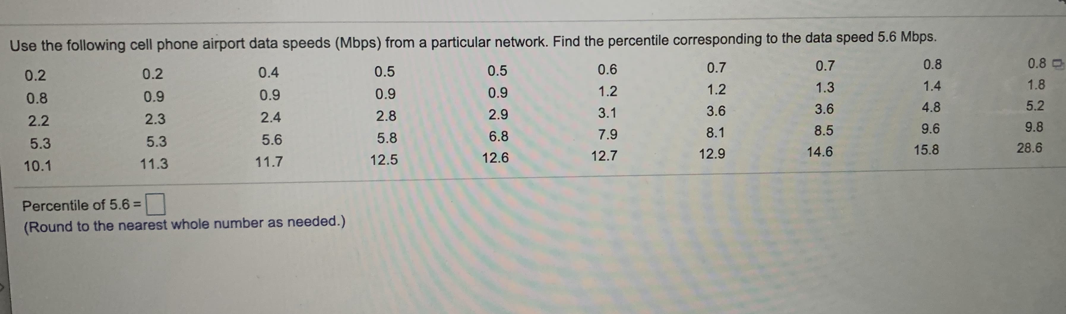 Use the following cell phone airport data speeds (Mbps) from a particular network. Find the percentile corresponding to the data speed 5.6 Mbps.
0.4
0.5
0.5
0.6
0.7
0.7
0.8
0.8 c
0.2
0.2
0.9
0.9
0.9
1.2
1.2
1.3
1.4
1.8
0.8
0.9
2.9
3.1
3.6
3.6
4.8
5.2
2.2
2.3
2.4
2.8
7.9
8.1
8.5
9.6
9.8
5.3
5.3
5.6
5.8
6.8
12.9
14.6
15.8
28.6
11.3
11.7
12.5
12.6
12.7
10.1
Percentile of 5.6 =
(Round to the nearest whole number as needed.)
