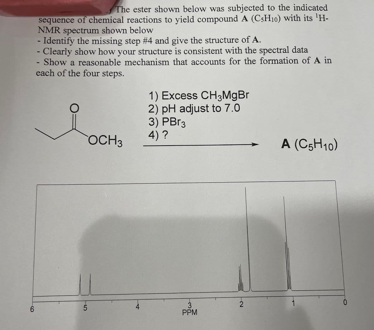 6
The ester shown below was subjected to the indicated
sequence of chemical reactions to yield compound A (C5H10) with its ¹H-
NMR spectrum shown below
- Identify the missing step #4 and give the structure of A.
- Clearly show how your structure is consistent with the spectral data
Show a reasonable mechanism that accounts for the formation of A in
each of the four steps.
O
CT
OCH 3
4
1) Excess CH3MgBr
2) pH adjust to 7.0
3) PBr3
4) ?
3
PPM
2
A (C5H10)
0