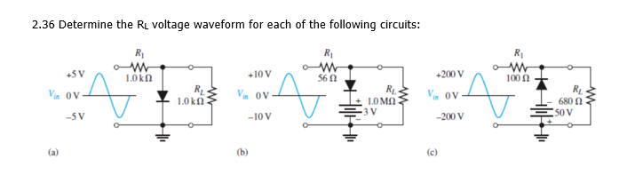 2.36 Determine the RL voltage waveform for each of the following circuits:
R
R1
+5 V
1.0 kn
+10 V
56 0
+200 V
100 n
RL
680 0
50 V
V. ov
V ov
V. ov
1.0 kn
1.0 MN
3 V
-5V
-10 V
-200 V
(a)
(b)
(c)
