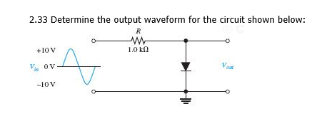 2.33 Determine the output waveform for the circuit shown below:
R
+10 V
1.0 kn
V. Ov
V.
-10V

