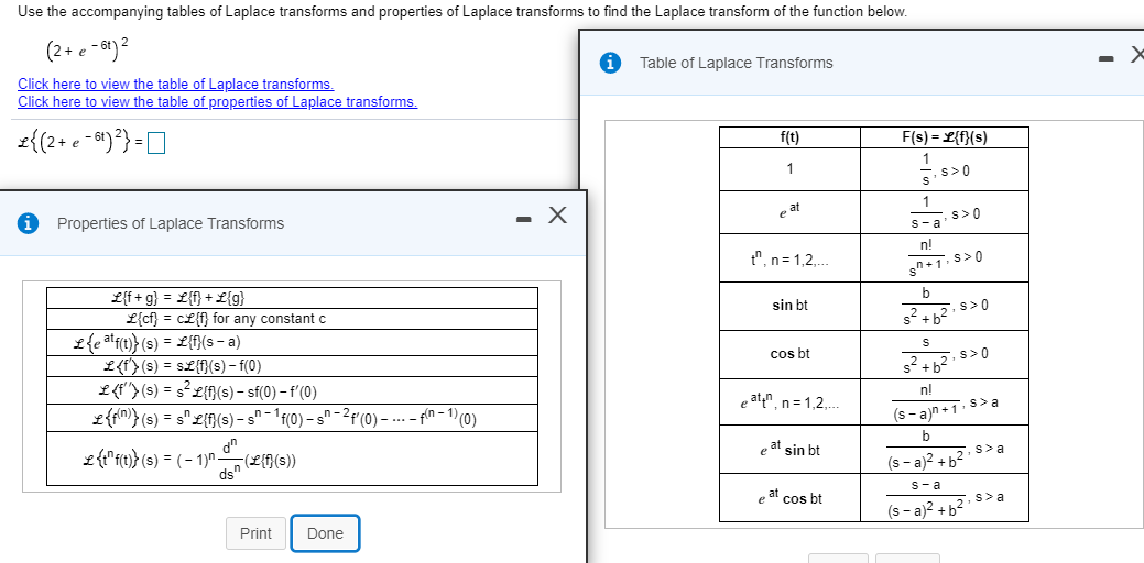 Use the accompanying tables of Laplace transforms and properties of Laplace transforms to find the Laplace transform of the function below.
(2+ e -8)?
i Table of Laplace Transforms
