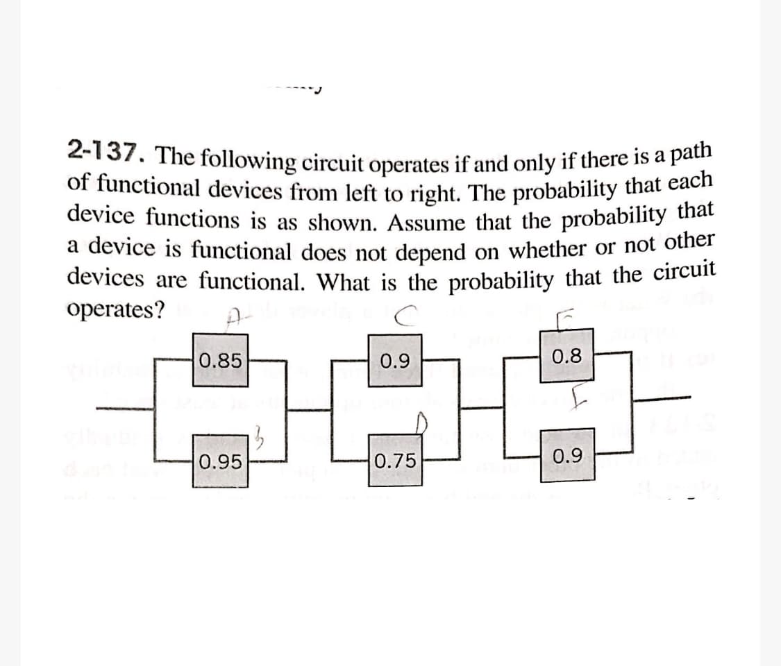 2-137. The following circuit operates if and only if there is a pati
of functional devices from left to right. The probability that each
device functions is as shown. Assume that the probability that
a device is functional does not depend on whether or not otiel
devices are functional. What is the probability that the circure
