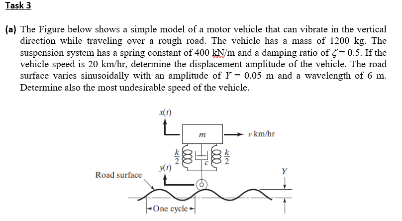 Task 3
(a) The Figure below shows a simple model of a motor vehicle that can vibrate in the vertical
direction while traveling over a rough road. The vehicle has a mass of 1200 kg. The
suspension system has a spring constant of 400 kN/m and a damping ratio of = 0.5. If the
vehicle speed is 20 km/hr, determine the displacement amplitude of the vehicle. The road
surface varies sinusoidally with an amplitude of Y = 0.05 m and a wavelength of 6 m.
Determine also the most undesirable speed of the vehicle.
x(1)
m
v km/hr
()
Y
Road surface
«One cycle-
