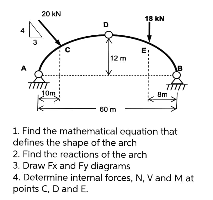 20 kN
18 kN
D
4
3
E.
12 m
A
в
गो
10m
8m
60 m
1. Find the mathematical equation that
defines the shape of the arch
2. Find the reactions of the arch
3. Draw Fx and Fy diagrams
4. Determine internal forces, N, V and M at
points C, D and E.
