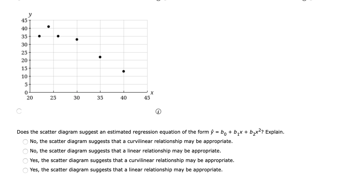 y
45
40
35
30
25
20
15
10
5
20
25
30
35
40
45
Does the scatter diagram suggest an estimated regression equation of the form ŷ = b, + b,× + b2x? Explain.
No, the scatter diagram suggests that a curvilinear relationship may be appropriate.
No, the scatter diagram suggests that a linear relationship may be appropriate.
Yes, the scatter diagram suggests that a curvilinear relationship may be appropriate.
Yes, the scatter diagram suggests that a linear relationship may be appropriate.
