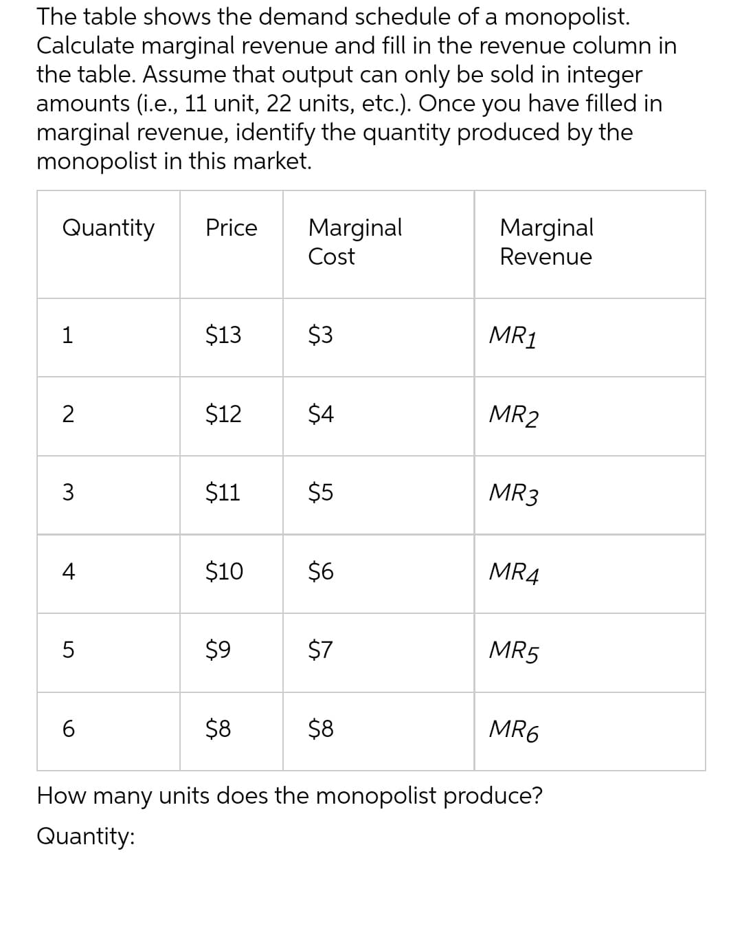 The table shows the demand schedule of a monopolist.
Calculate marginal revenue and fill in the revenue column in
the table. Assume that output can only be sold in integer
amounts (i.e., 11 unit, 22 units, etc.). Once you have filled in
marginal revenue, identify the quantity produced by the
monopolist in this market.
Quantity
Price
Marginal
Marginal
Cost
Revenue
1
$13
$3
MR1
2
$12
$4
MR2
3
$11
$5
MR3
4
$10
$6
MR4
$9
$7
MR5
6.
$8
$8
MR6
How many units does the monopolist produce?
Quantity:
