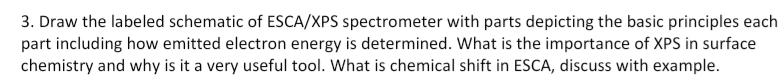 3. Draw the labeled schematic of ESCA/XPS spectrometer with parts depicting the basic principles each
part including how emitted electron energy is determined. What is the importance of XPS in surface
chemistry and why is it a very useful tool. What is chemical shift in ESCA, discuss with example.
