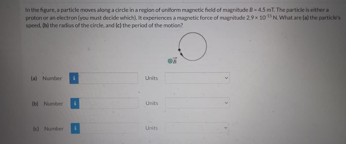 In the figure, a particle moves along a circle in a region of uniform magnetic field of magnitude B = 4.5 mT. The particle is either a
proton or an electron (you must decide which). It experiences a magnetic force of magnitude 2.9 x 10 15 N. What are (a) the particle's
speed, (b) the radius of the circle, and (c) the period of the motion?
OB
(a) Number
Units
(b) Number
Units
(c) Number
Units
