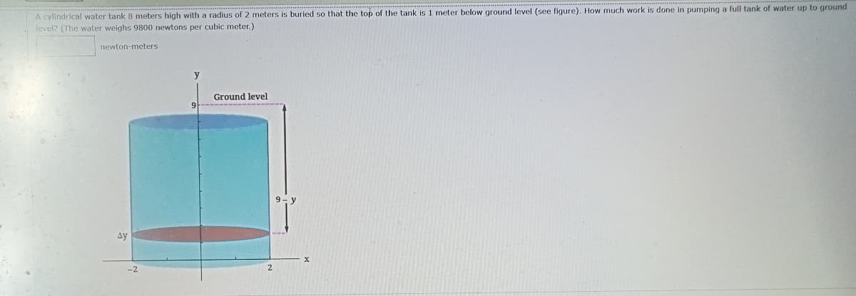 A cylindrical water tank 8 meters high with a radius of 2 meters is buried so that the top of the tank is 1 meter below ground level (see figure). How much work is done in pumping a full tank of water up to ground
level? (The water weighs 9800 newtons per cubic meter.)
newton-meters
y
Ground level
Ay
