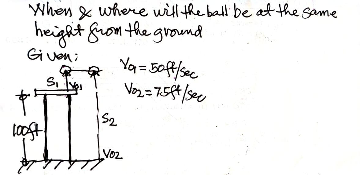 When & where will the ball be at the same
height from the ground
Given:
Si vo
&
looft
Ya₁ = 50ft/sec
Vo₂=75ft/sec
52
VO₂