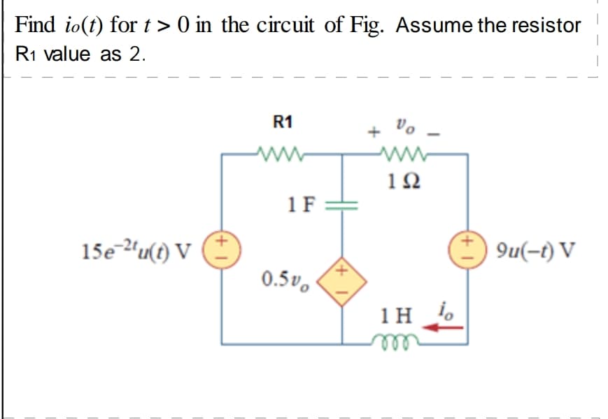 Find io(t) for t > 0 in the circuit of Fig. Assume the resistor
R1 value as 2.
R1
Vo
1Ω
1F
15e "u(t) V
9u(-t) V
0.5v,
1H i.
+)
