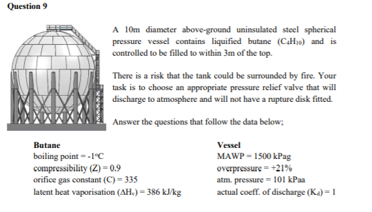 Question 9
A 10m diameter above-ground uninsulated steel spherical
pressure vessel contains liquified butane (CaH10) and is
controlled to be filled to within 3m of the top.
There is a risk that the tank could be surrounded by fire. Your
task is to choose an appropriate pressure relief valve that will
discharge to atmosphere and will not have a rupture disk fitted.
Answer the questions that follow the data below;
Butane
Vessel
MAWP = 1500 kPag
boiling point = -1°C
compressibility (Z)=0.9
orifice gas constant (C) = 335
latent heat vaporisation (AH.) = 386 kJ/kg
overpressure = +21%
atm. pressure = 101 kPaa
actual coeff. of discharge (Ka) = 1
