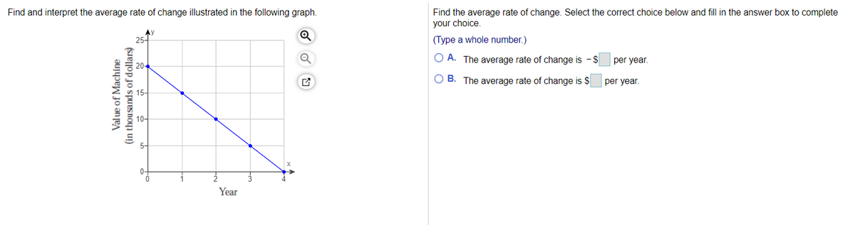 Find and interpret the average rate of change illustrated in the following graph.
Find the average rate of change. Select the correct choice below and fill in the answer box to complete
your choice.
(Type a whole number.)
O A. The average rate of change is
per year.
O B. The average rate of change is $
per year.
0-
Year
Val ue of Machine
(in thousands of dollars)
