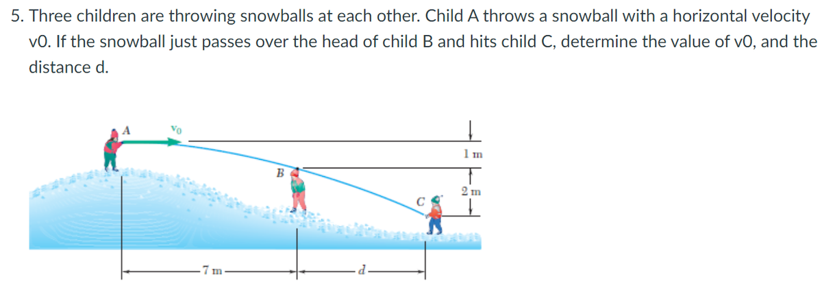 5. Three children are throwing snowballs at each other. Child A throws a snowball with a horizontal velocity
vO. If the snowball just passes over the head of child B and hits child C, determine the value of vo, and the
distance d.
1m
B
2 m
C
m

