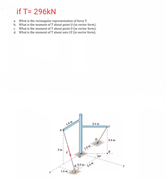 if T= 296KN
a. What is the rectangular representation of force T.
b. What is the moment of T about point 0 (in vector form).
c. What is the moment of T about point D (in vector form).
d. What is the moment of T about axis CE (in vector form).
1.8 m
2.4 m
2.4 m
3 m
1.8 m
30
B0.3 m.
2.4 m
1.5 m
