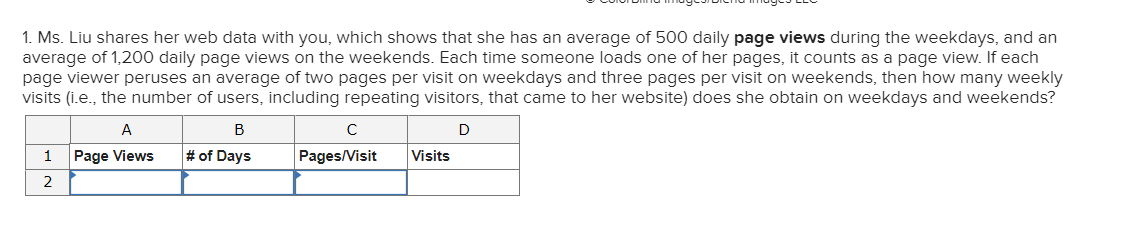 1. Ms. Liu shares her web data with you, which shows that she has an average of 500 daily page views during the weekdays, and an
average of 1,200 daily page views on the weekends. Each time someone loads one of her pages, it counts as a page view. If each
page viewer peruses an average of two pages per visit on weekdays and three pages per visit on weekends, then how many weekly
visits (i.e., the number of users, including repeating visitors, that came to her website) does she obtain on weekdays and weekends?
A
В
D
1
Page Views
# of Days
Pages/Visit
Visits
