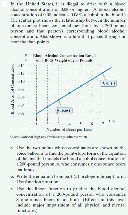 In the United States, it is illegal to drive with a blood
alcohol concentration of 0.08 or higher. (A blood alcohol
concentration of 0.08 indicates 0.08% alcohol in the blood.)
The scatter plot shows the relationship between the number
of one-ounce beers consumed per hour by a 200-pound
person and that person's corresponding blood alcohol
concentration. Also shown is a line that passes through or
near the data points.
Blood Alcohol Concentration Based
y
on a Body Weight of 200 Pounds
0.14
0.12
0.10
(7, 0.121)
0.08
0.06
0.04
(3, 0.053)
0.02
2
3
4
5
7
Number of Beers per Hour
Source: National Highway Traffic Safety Administration
a. Use the two points whose coordinates are shown by the
voice balloons to find the point-slope form of the equation
of the line that models the blood alcohol concentration of
a 200-pound person, y, who consumes x one-ounce beers
per hour.
b. Write the equation from part (a) in slope-intercept form.
Use function notation.
c. Use the linear function to predict the blood alcohol
concentration of a 200-pound person who consumes
8 one-ounce beers in an hour. (Effects at this level
include major impairment of all physical and mental
functions.)
Blood Alcohol Concentration
