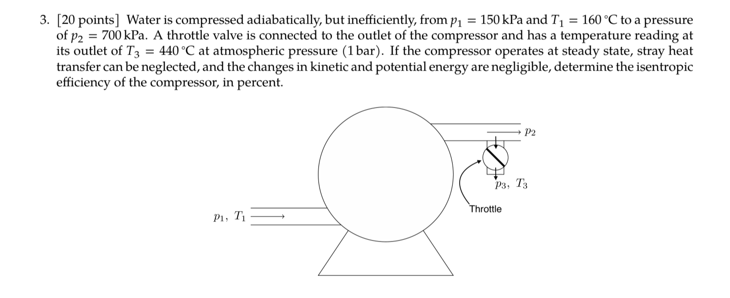 150 kPa and T, = 160 °C to a pressure
3. [20 points] Water is compressed adiabatically, but inefficiently, from p1
of p2
= 700 kPa. A throttle valve is connected to the outlet of the compressor and has a temperature reading at
its outlet of T3
transfer can be neglected, and the changes in kinetic and potential energy are negligible, determine the isentropic
efficiency of the compressor, in percent.
= 440 °C at atmospheric pressure (1bar). If the compressor operates at steady state, stray heat
P2
Рз, Тз
Throttle
Pі, T
