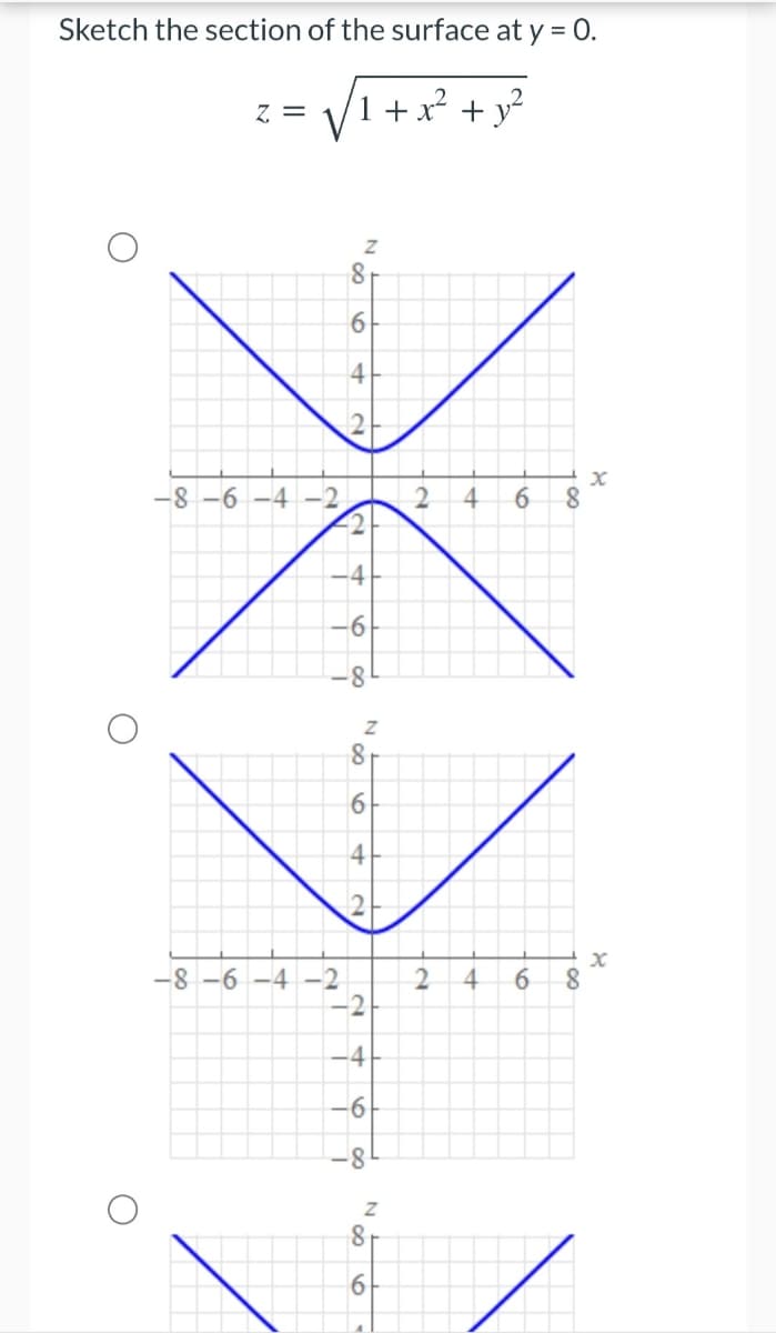 Sketch the section of the surface at y = 0.
Z, =
V
(1 +x² + y?
6.
4
2
-8
-6 -4 -2
2
6
4
8.
8.
4
12
-8 -6 -4 -2
4
6
-4
8-
6.
6.
6.
co o

