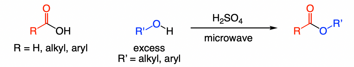 H2SO4
R'
HO.
ROH
R
microwave
R = H, alkyl, aryl
excess
R' = alkyl, aryl
