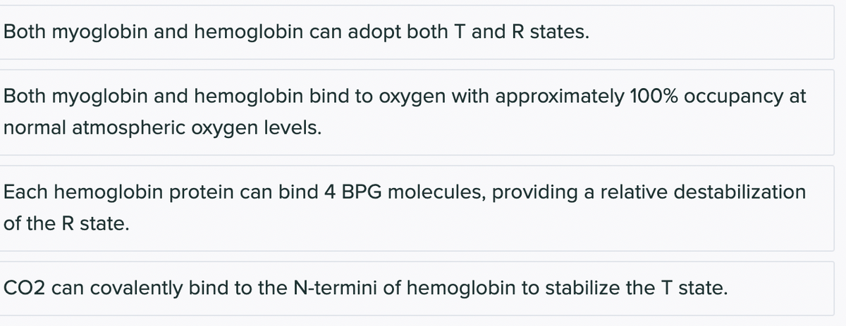 Both myoglobin and hemoglobin can adopt both T and R states.
Both myoglobin and hemoglobin bind to oxygen with approximately 100% occupancy at
normal atmospheric oxygen levels.
Each hemoglobin protein can bind 4 BPG molecules, providing a relative destabilization
of the R state.
CO2 can covalently bind to the N-termini of hemoglobin to stabilize the T state.