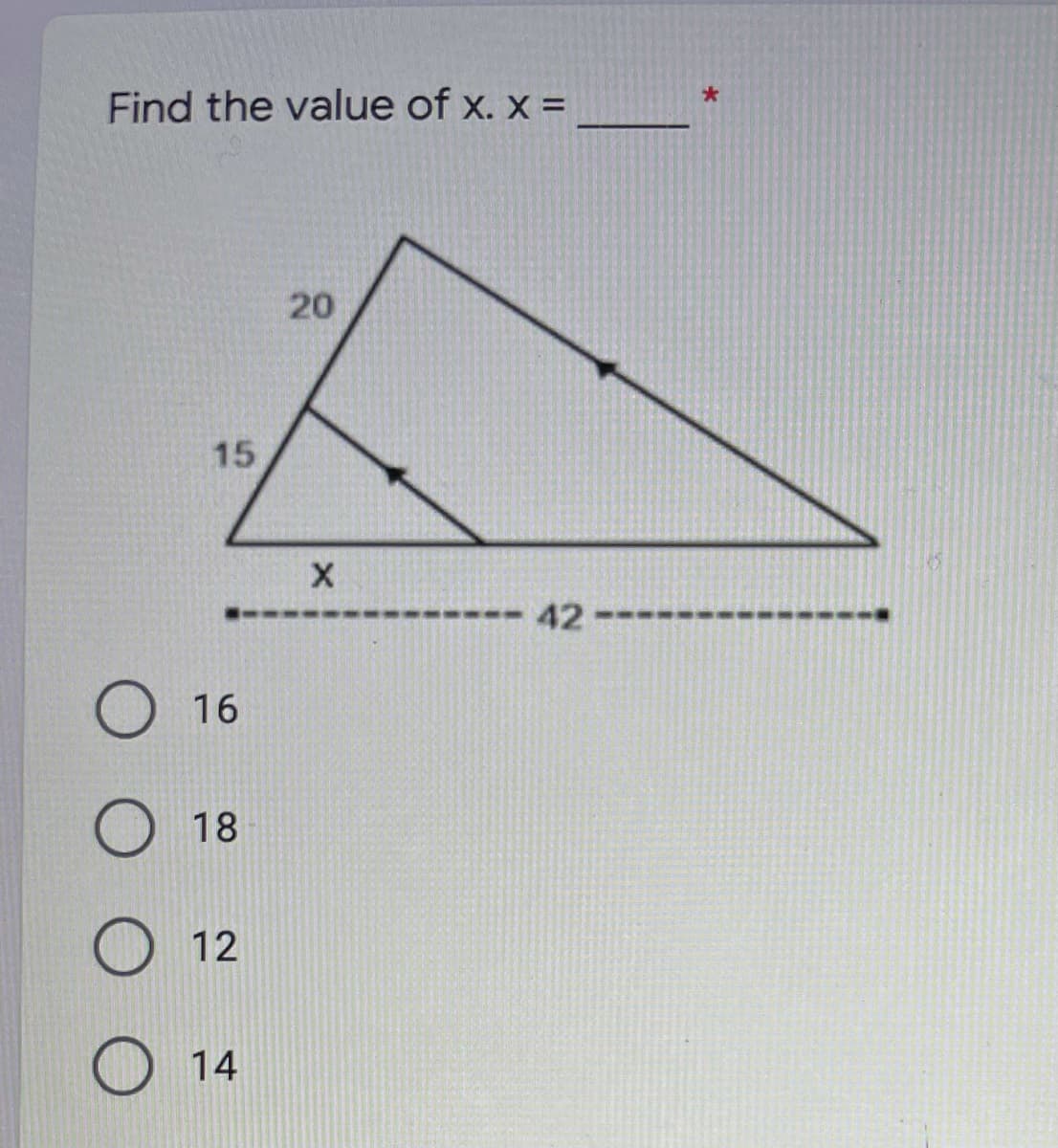 Find the value of x. x =
20
15
42
16
18
12
14
