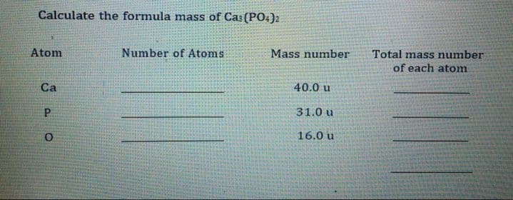 Calculate the formula mass of Cas(P04)2
Atom
Number of Atoms
Mass number
Total mass number
of each atom
Ca
40.0 u
31.0 u
16.0 u
P.
