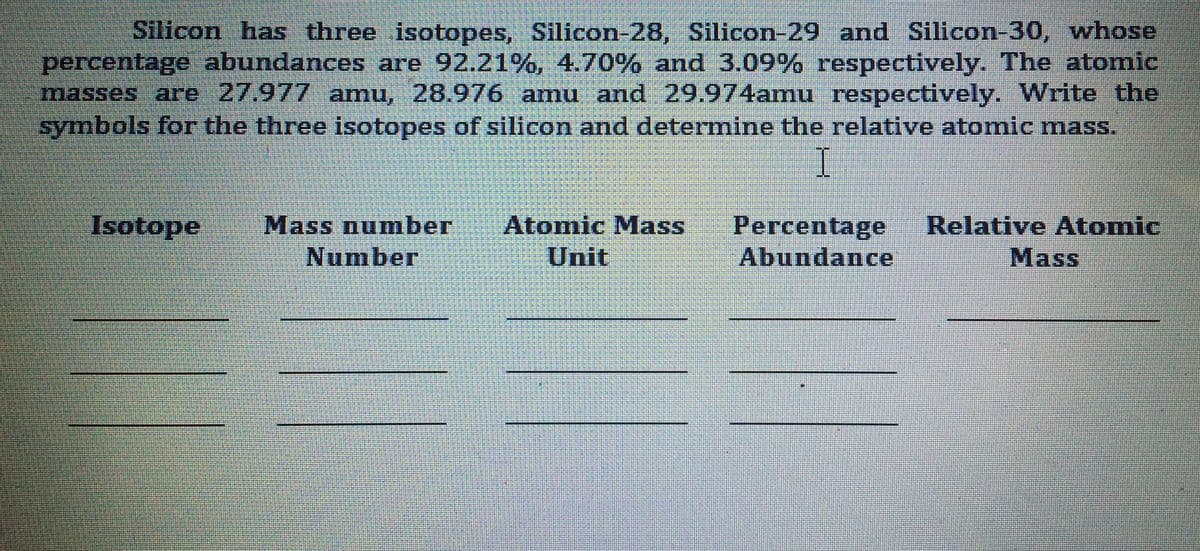 Silicon has three isotopes, Silicon-28, Silicon-29 and Silicon-30, whose
percentage abundances are 92.21%, 4.70% and 3.09% respectively. The atomic
masses are 27.977 amu, 28.976 amu and 29.974amu respectively. Write the
symbols for the three isotopes of silicon and determine the relative atomic mass.
I.
Isotope
Mass number
Number
Atomic Mass
Unit
Percentage
Relative Atomic
Abundance
Mass
