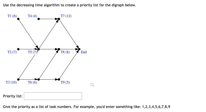 Use the decreasing time algorithm to create a priority list for the digraph below.
T1 (6)
T4 (4)
T7 (12)
T2 (7)
T5 (7)
T8 (8)
End
т3 (10)
Т6 (6)
T9 (5)
Priority list:
Give the priority as a list of task numbers. For example, you'd enter something like: 1,2,3,4,5,6,7,8,9

