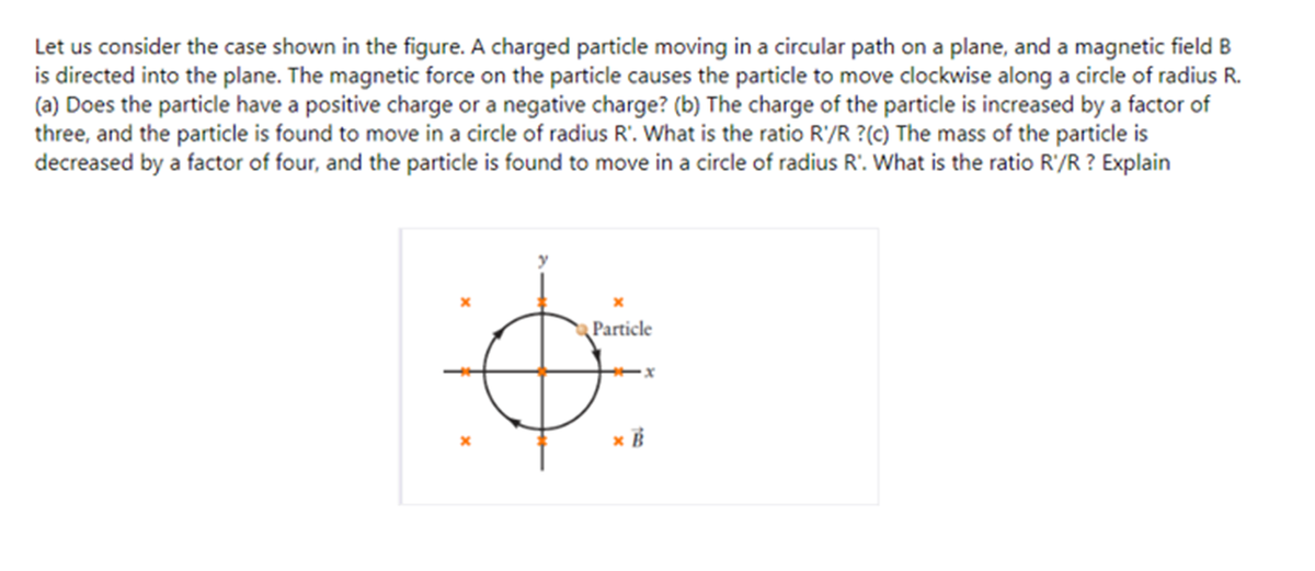 Let us consider the case shown in the figure. A charged particle moving in a circular path on a plane, and a magnetic field B
is directed into the plane. The magnetic force on the particle causes the particle to move clockwise along a circle of radius R.
(a) Does the particle have a positive charge or a negative charge? (b) The charge of the particle is increased by a factor of
three, and the particle is found to move in a circle of radius R'. What is the ratio R'/R ?(c) The mass of the particle is
decreased by a factor of four, and the particle is found to move in a circle of radius R'. What is the ratio R'/R ? Explain
Particle
