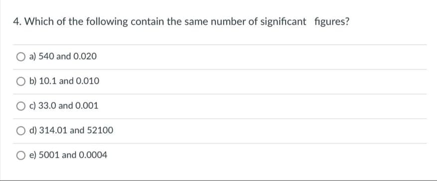 4. Which of the following contain the same number of significant figures?
O a) 540 and 0.020
O b) 10.1 and 0.010
O c) 33.0 and 0.001
O d) 314.01 and 52100
e) 5001 and 0.0004
