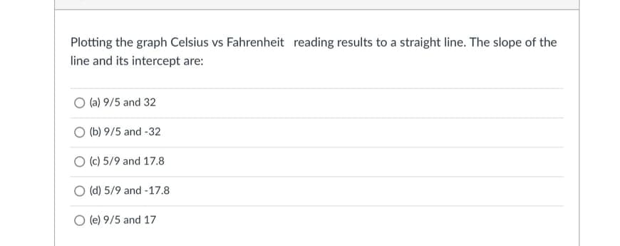 Plotting the graph Celsius vs Fahrenheit reading results to a straight line. The slope of the
line and its intercept are:
O (a) 9/5 and 32
O (b) 9/5 and -32
O (c) 5/9 and 17.8
O (d) 5/9 and -17.8
O (e) 9/5 and 17
