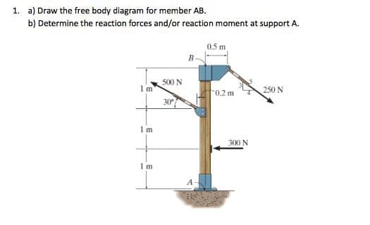 1. a) Draw the free body diagram for member AB.
b) Determine the reaction forces and/or reaction moment at support A.
0.5 m
B
500 N
1m
F0.2 m
250 N
30
300 N
1 m
A-
