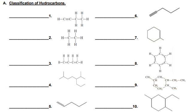 A. Classification of Hydrocarbons.
H H
6.
H-C=C-C-C-H
H H
2.
H-C-Ċ-H
H HHH
H-C=C-C=C-H
8.
CH
CH;
CH
CH-CH,-CH,
CH:
CH,
CH,
CH,
10.
