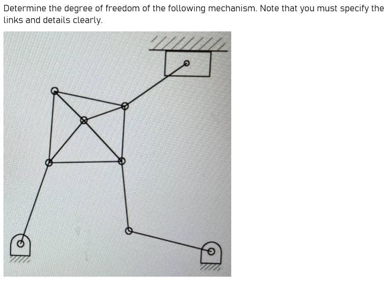 Determine the degree of freedom of the following mechanism. Note that you must specify the
Links and details clearly.
