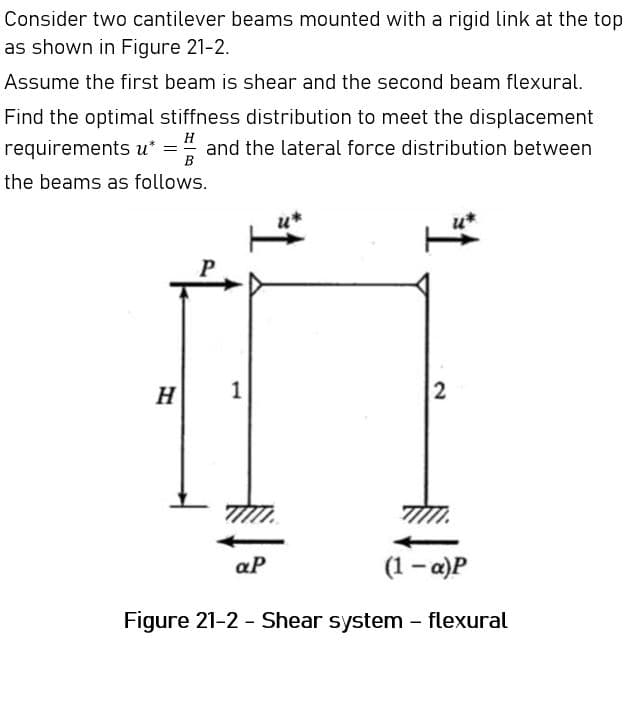 Consider two cantilever beams mounted with a rigid link at the top
as shown in Figure 21-2.
Assume the first beam is shear and the second beam flexural.
Find the optimal stiffness distribution to meet the displacement
H
requirements u* = and the lateral force distribution between
B
the beams as follows.
H
1
aP
(1 - a)P
Figure 21-2 - Shear system - flexural
2.
