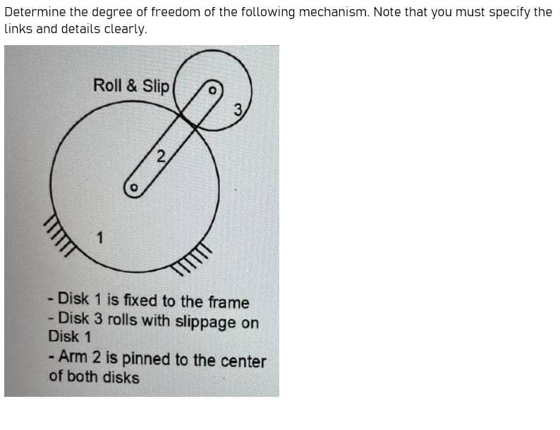 Determine the degree of freedom of the following mechanism. Note that you must specify the
links and details clearly.
Roll & Slip
3
2,
1
-Disk 1 is fixed to the frame
- Disk 3 rolls with slippage on
Disk 1
- Arm 2 is pinned to the center
of both disks
