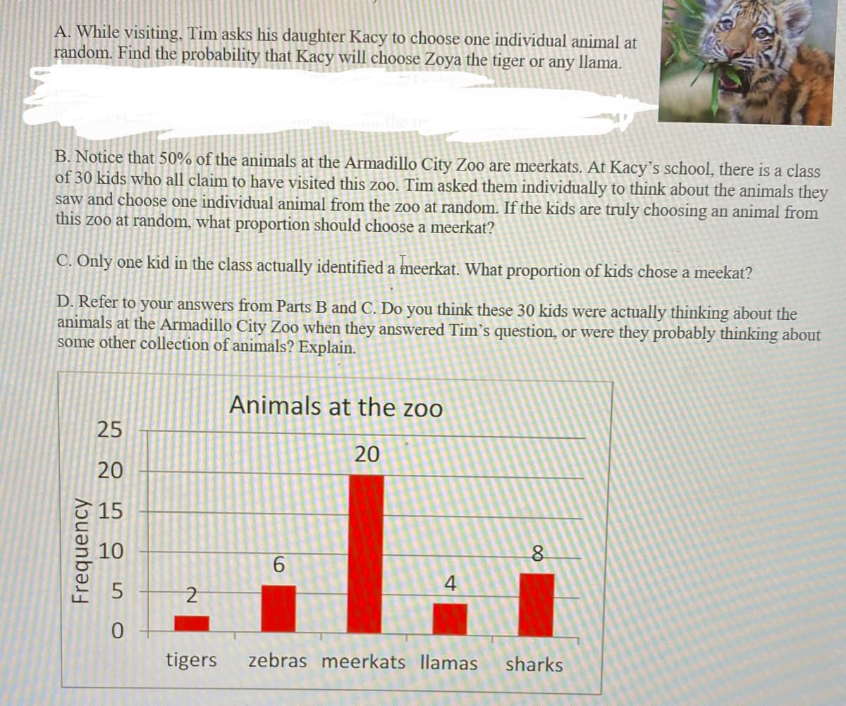 A. While visiting, Tim asks his daughter Kacy to choose one individual animal at
random. Find the probability that Kacy will choose Zoya the tiger or any llama.
B. Notice that 50% of the animals at the Armadillo City Zoo are meerkats. At Kacy's school, there is a class
of 30 kids who all claim to have visited this zoo. Tim asked them individually to think about the animals they
saw and choose one individual animal from the zoo at random. If the kids are truly choosing an animal from
this zoo at random, what proportion should choose a meerkat?
C. Only one kid in the class actually identified a meerkat. What proportion of kids chose a meekat?
D. Refer to your answers from Parts B and C. Do you think these 30 kids were actually thinking about the
animals at the Armadillo City Zoo when they answered Tim's question, or were they probably thinking about
some other collection of animals? Explain.
Animals at the zoo
25
20
20
15
10
8.
6.
5
4
tigers
zebras meerkats llamas
sharks
Frequency
