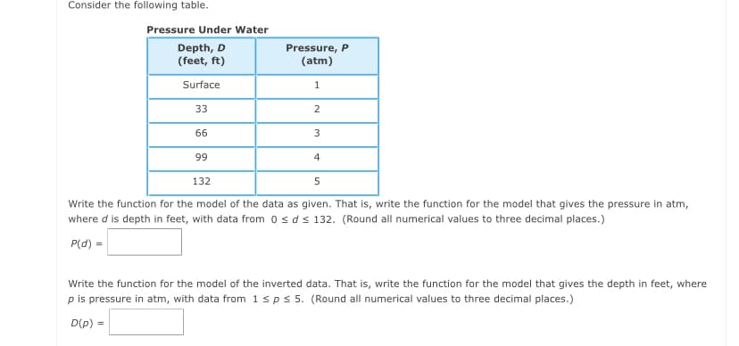 Consider the following table.
Pressure Under Water
Depth, D
(feet, ft)
Pressure, P
(atm)
Surface
1
33
2
66
3
99
4
132
Write the function for the model of the data as given. That is, write the function for the model that gives the pressure in atm,
where d is depth in feet, with data from o sds 132. (Round all numerical values to three decimal places.)
P(d) =
Write the function for the model of the inverted data. That is, write the function for the model that gives the depth in feet, where
p is pressure in atm, with data from 1sps 5. (Round all numerical values to three decimal places.)
D(p) =
