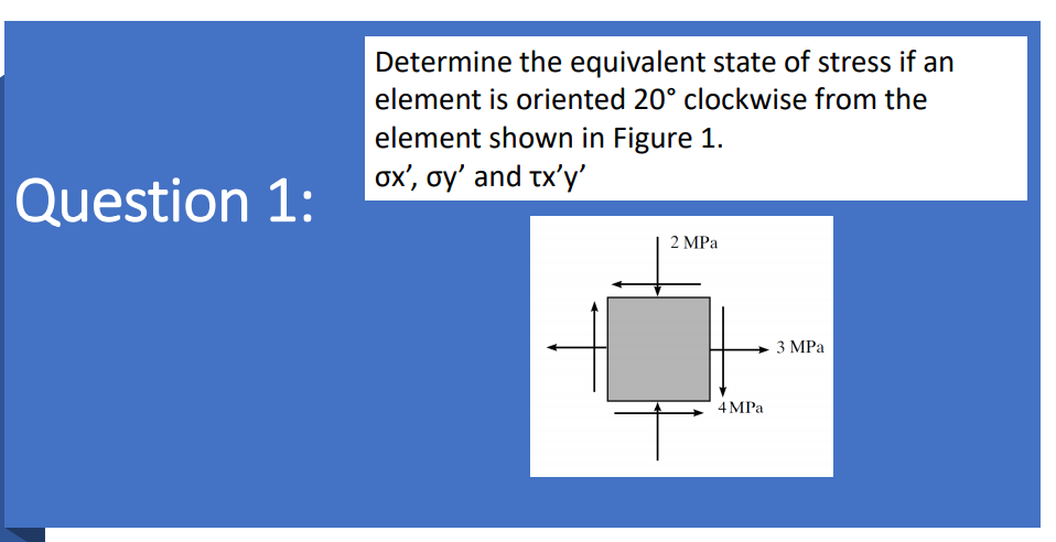 Determine the equivalent state of stress if an
element is oriented 20° clockwise from the
element shown in Figure 1.
ox', oy' and tx'y'
Question 1:
2 MPа
3 МРа
4 MPa
