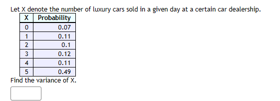 Let X denote the number of luxury cars sold in a given day at a certain car dealership.
X
Probability
0
0.07
1
0.11
2
0.1
3
0.12
4
0.11
5
0.49
Find the variance of X.