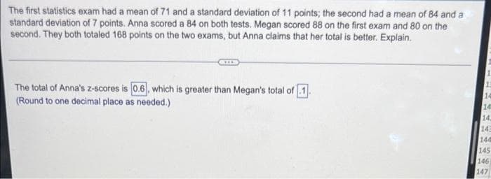 The first statistics exam had a mean of 71 and a standard deviation of 11 points; the second had a mean of 84 and a
standard deviation of 7 points. Anna scored a 84 on both tests. Megan scored 88 on the first exam and 80 on the
second. They both totaled 168 points on the two exams, but Anna claims that her total is better. Explain.
The total of Anna's z-scores is 0.6, which is greater than Megan's total of 1
(Round to one decimal place as needed.)
14
14
14.
143
144
145
146
147
